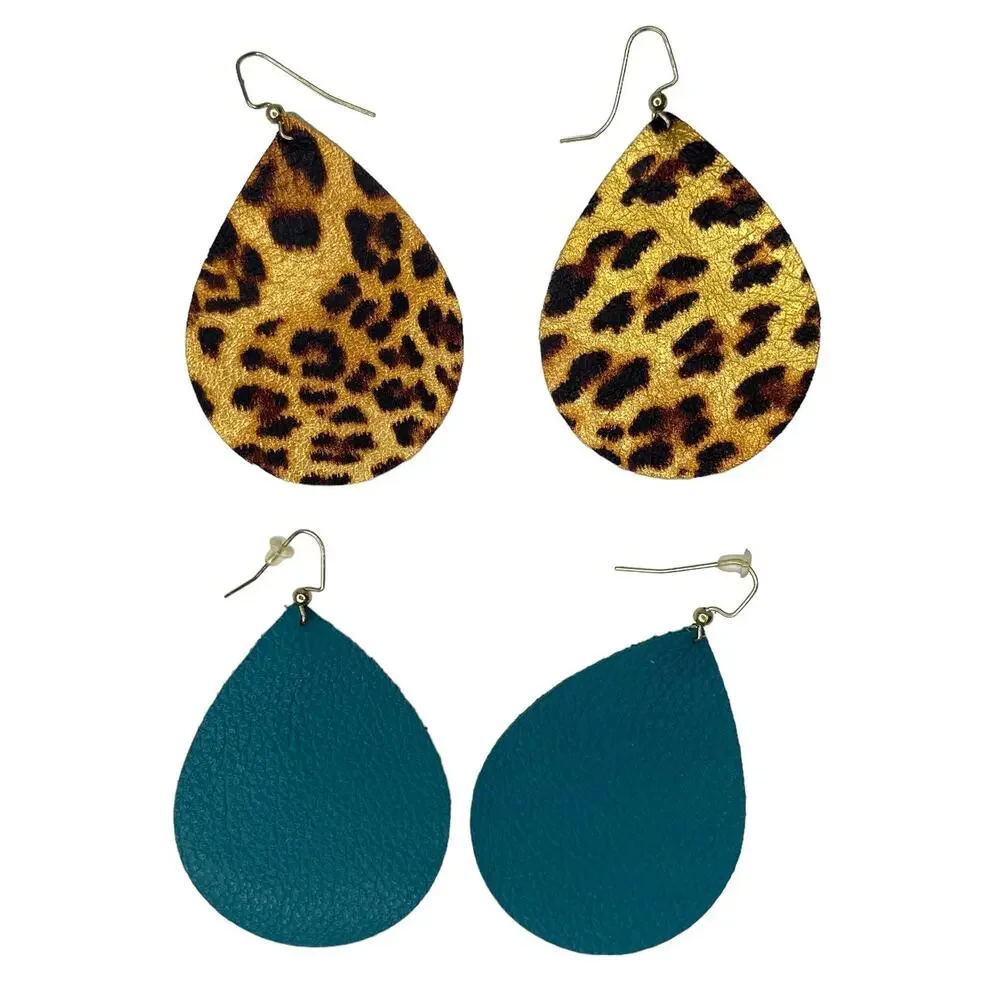 Faux Leather Teardrop Earrings Set of Two Metallic Leopard Print and Solid Teal